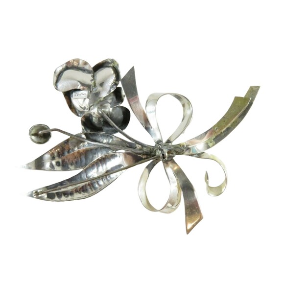 Large 4" Sterling Silver Flower Spray Brooch Ribbon Bow Handwrought Repair - Picture 2 of 13